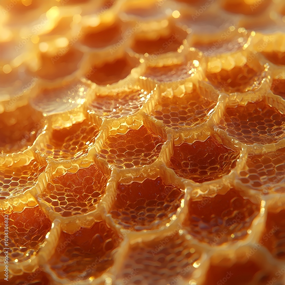 Close-up of a honeycomb, showcasing the intricate hexagonal structure and golden hue. Close-up of a honeycomb, showcasing the intricate hexagonal structure and golden hue.