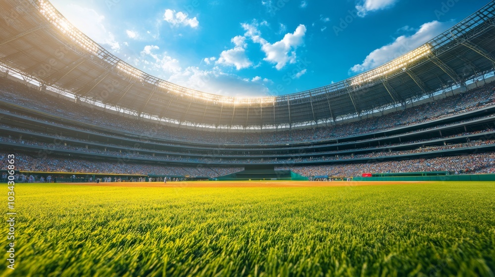 Fototapeta premium Bright and sunny baseball stadium scene with a full audience and clear skies overhead