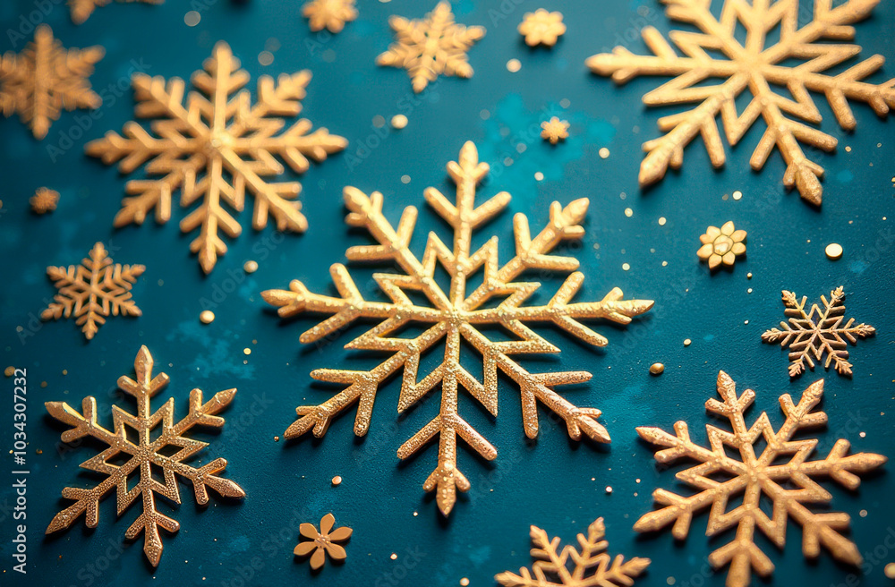 Large and small golden snowflakes on a blue background. Illustration Large and small golden snowflakes on a blue background. Illustration