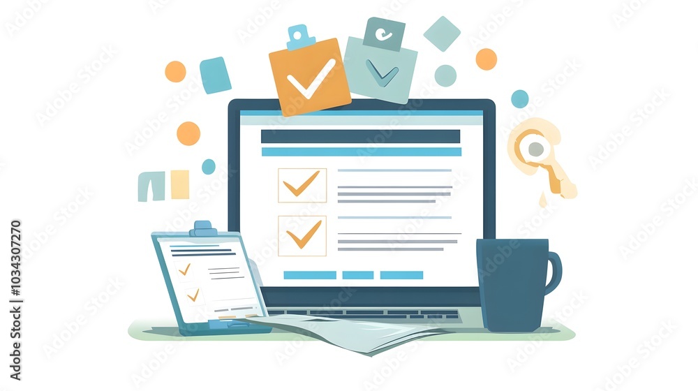 A flat vector illustration of an online form on the screen, next to it is clipart with check marks and a pen A flat vector illustration of an online form on the screen, next to it is clipart with check marks and a pen