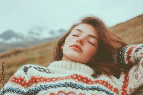 woman lounging outdoors in a Fair Isle knit sweater with a winter landscape in the background. The mood is relaxed and cozy, perfect for winter