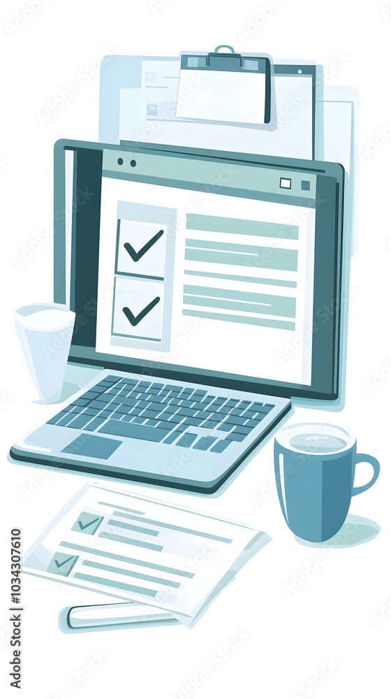 A flat vector illustration of an online form on the screen, next to it is clipart with check marks and a pen A flat vector illustration of an online form on the screen, next to it is clipart with check marks and a pen