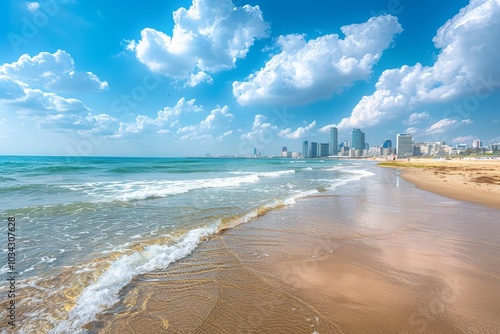 Waves gently wash ashore on a sandy beach in Tel Aviv, while a modern skyline and fluffy clouds provide a picturesque backdrop on a sunny day. photo