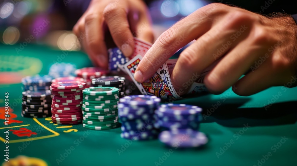 Close-up of a dealer's hands dealing poker chips, capturing the skill and efficiency of casino staff in action. Close-up of a dealer's hands dealing poker chips, capturing the skill and efficiency of casino staff in action.