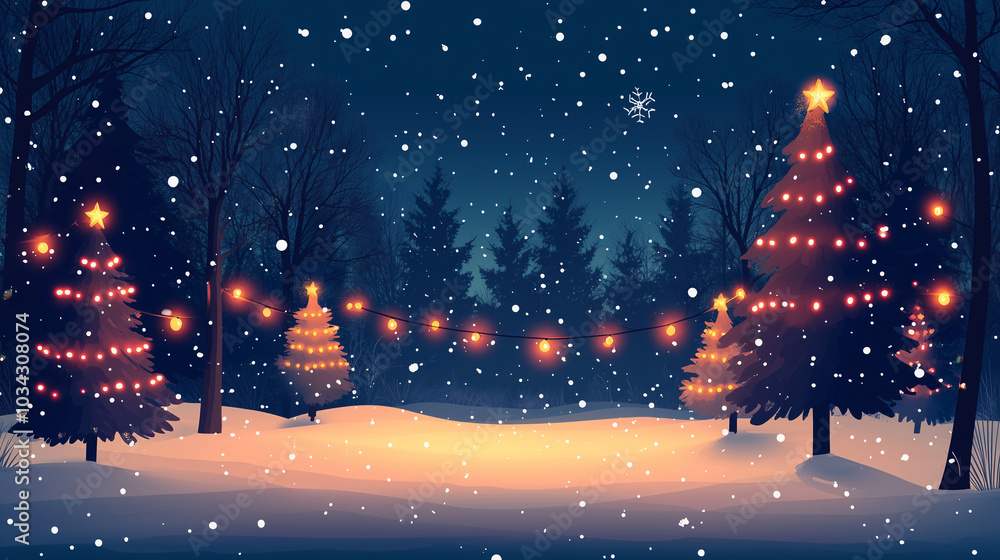 A snowy christmas tree at night with holiday decorations under a starry winter sky A snowy christmas tree at night with holiday decorations under a starry winter sky