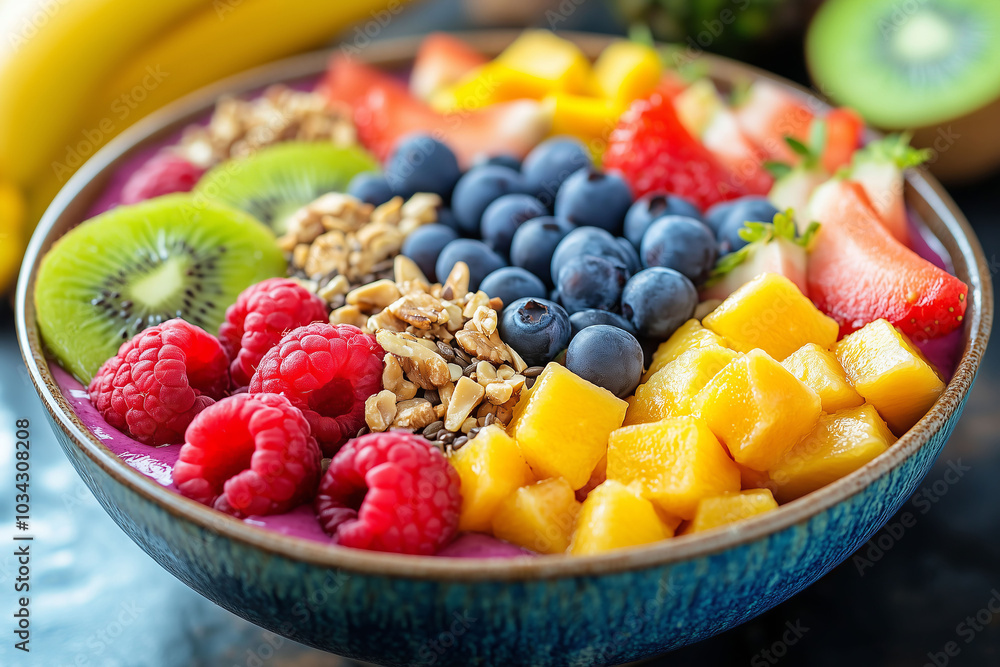 Colorful acai bowl bursting with fresh fruits and granola delight Colorful acai bowl bursting with fresh fruits and granola delight