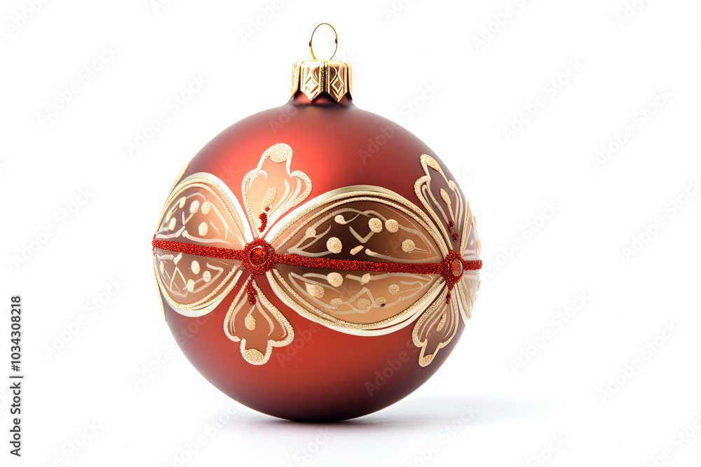 Red Christmas ball hanging on white background. Xmas bauble with ornament Red Christmas ball hanging on white background. Xmas bauble with ornament