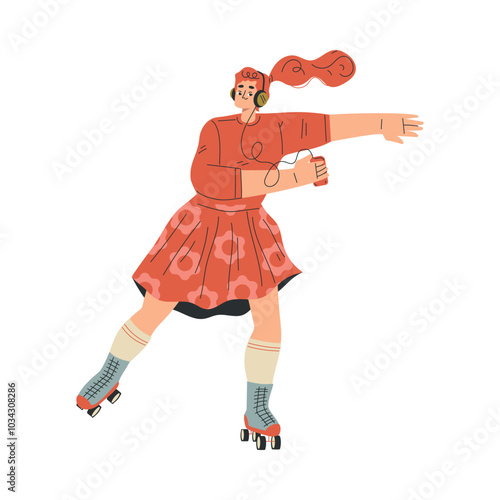 Woman Character Roller Skating Ride on Rollers with Earphones Vector Illustration