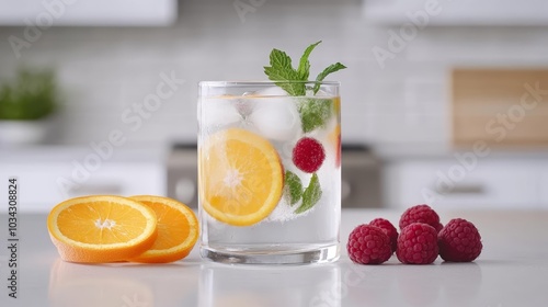 A glass of fruit-infused water with ice and mint, fresh orange slices and raspberries beside, in a bright, stylish kitchen