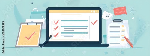 A flat vector illustration of an online form on the screen, next to it is clipart with check marks and a pen