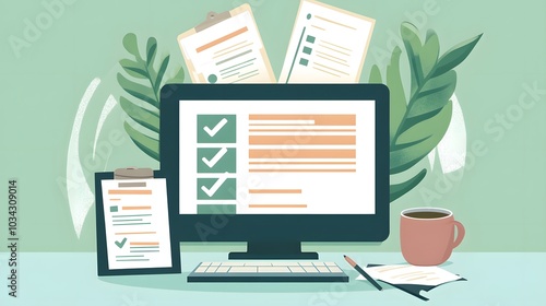 Wallpaper Mural A flat vector illustration of an online form on the screen, next to it is clipart with check marks and a pen Torontodigital.ca