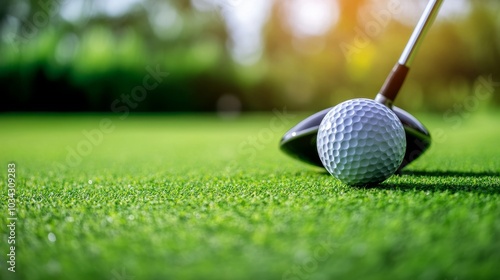 Close-up of a golf ball on a tee with a sleek golf driver beside it, and a lush green grass background capturing the ambiance of a golf course