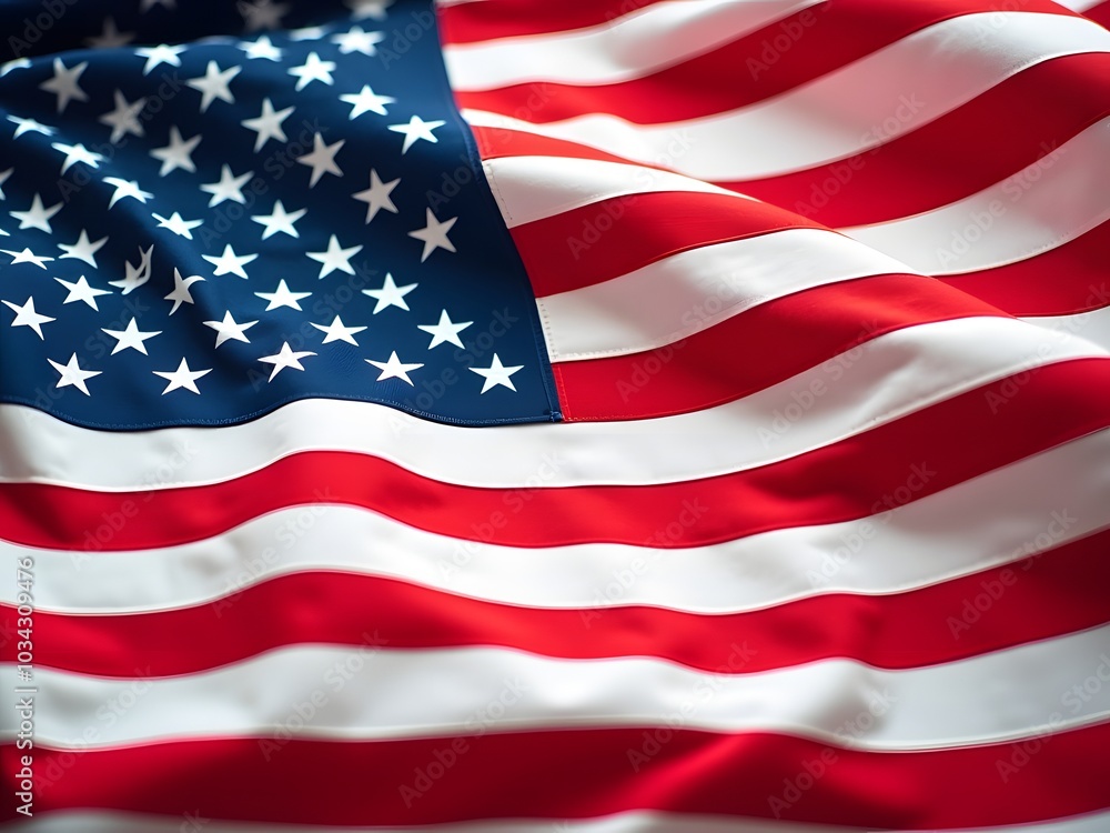 Obraz premium American flag, with its iconic red and white stripes and blue canton filled with white stars. The fabric appears to be waving, creating a sense of motion and depth.