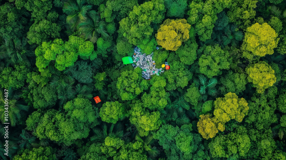 Naklejka premium An aerial view of a lush green forest canopy and trash bags pile. 