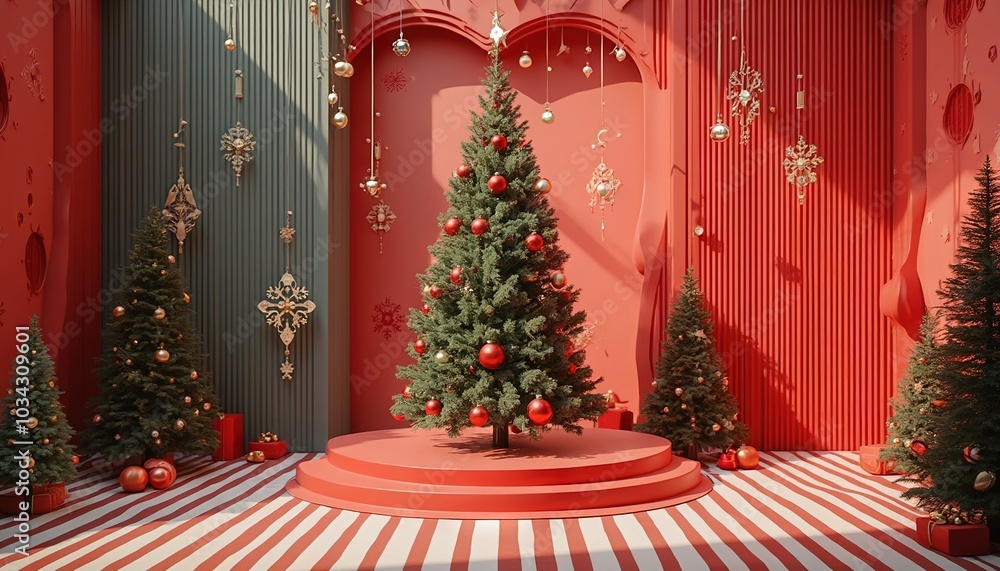 Christmas tree on the podium in 3D interior. Winter holidays greeting card with Christmas tree room Christmas tree on the podium in 3D interior. Winter holidays greeting card with Christmas tree room