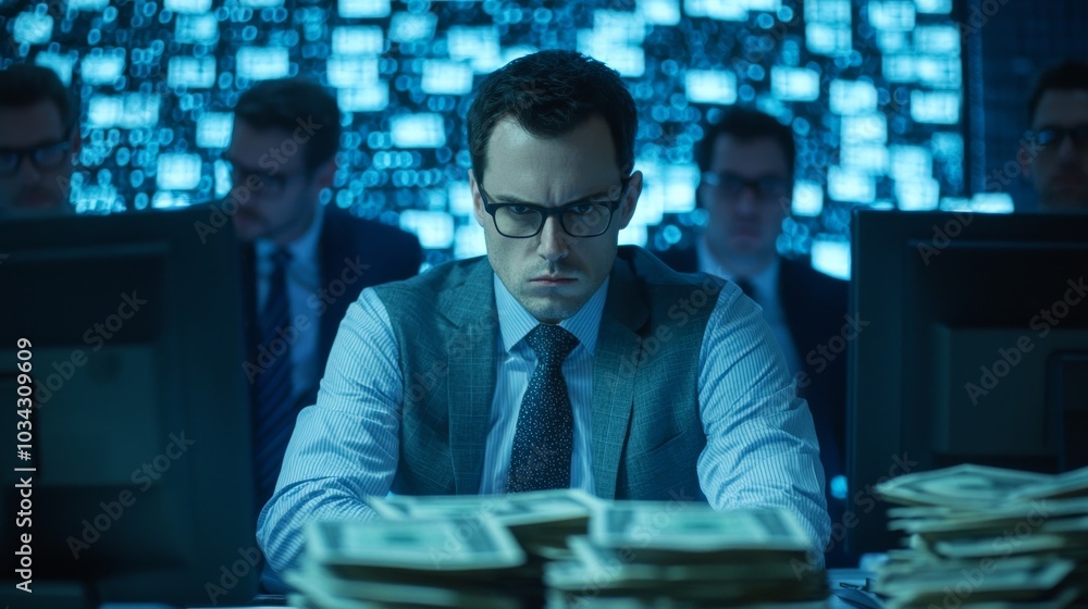 Serious Businessman in a Dark Office with Stacks of Money. Serious Businessman in a Dark Office with Stacks of Money.