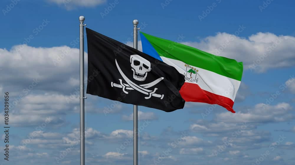Equatorial Guinea and Corsair flags flying together, video concept of the relationship, two country relations concept Equatorial Guinea and Corsair flags flying together, video concept of the relationship, two country relations concept