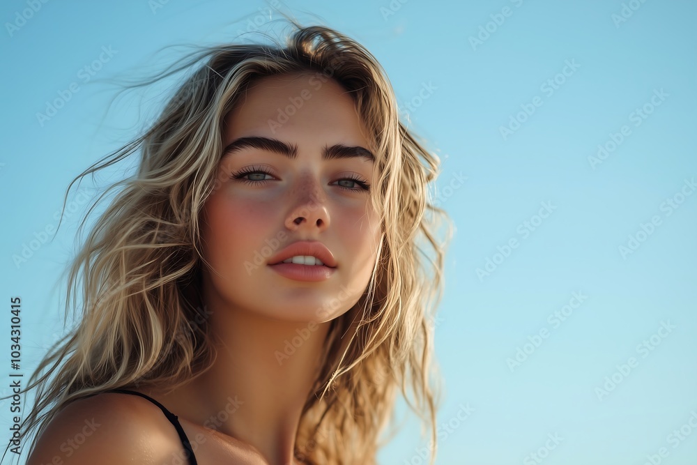 Sexy Sensual Blonde Woman Beautiful Girl Close Up Of Face. Stylish Blondie in Black Dress Under Clear Blue Sky. Sexy Sensual Blonde Woman Beautiful Girl Close Up Of Face. Stylish Blondie in Black Dress Under Clear Blue Sky.