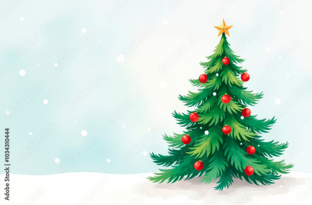 A decorated Christmas tree with a star on top on a winter background. Illustration. Space for text A decorated Christmas tree with a star on top on a winter background. Illustration. Space for text