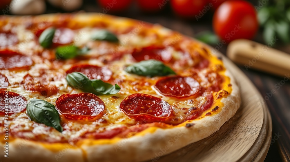 Close-up of a fresh pizza with pepperoni and basil on a wooden table, high-resolution photography, copy space for text, commercial photo Close-up of a fresh pizza with pepperoni and basil on a wooden table, high-resolution photography, copy space for text, commercial photo
