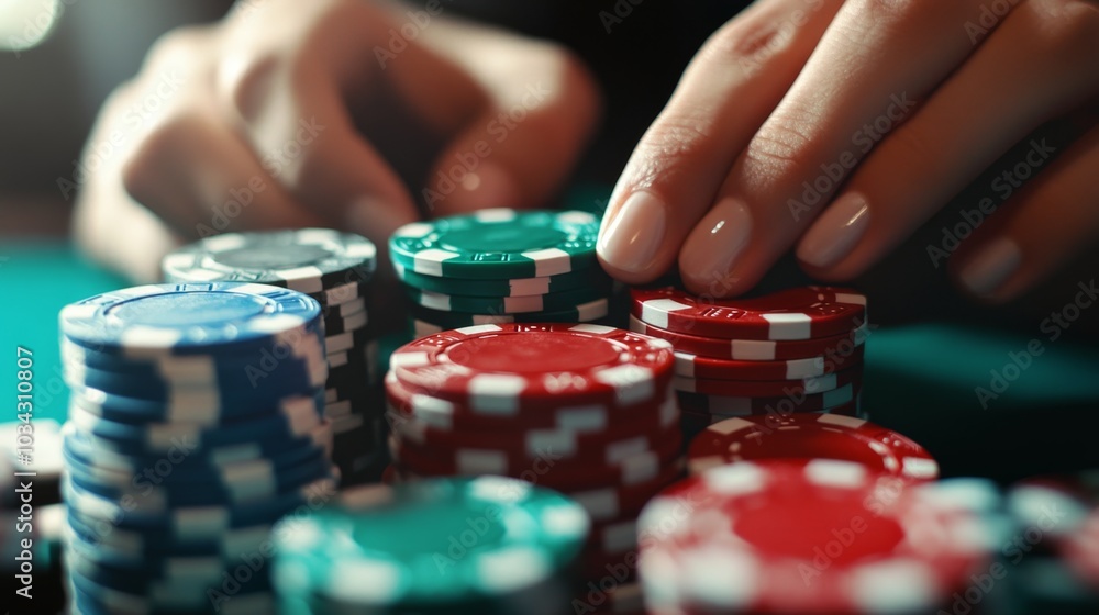 Close-up of a player's hands counting poker chips, capturing the financial aspect and strategic decisions in gambling. Close-up of a player's hands counting poker chips, capturing the financial aspect and strategic decisions in gambling.