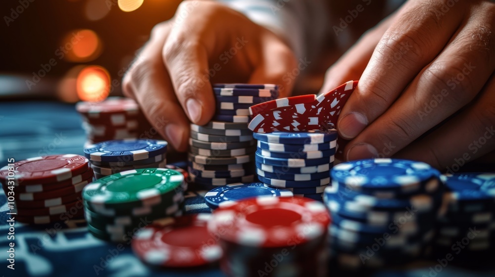 Close-up of a player's hands counting poker chips, capturing the financial aspect and strategic decisions in gambling. Close-up of a player's hands counting poker chips, capturing the financial aspect and strategic decisions in gambling.