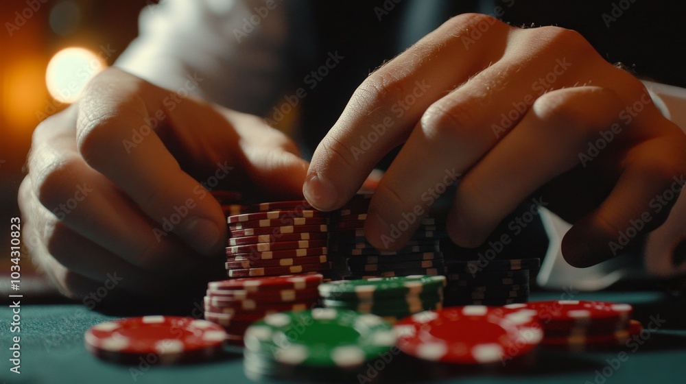 Close-up of a player's hands counting poker chips, capturing the financial aspect and strategic decisions in gambling. Close-up of a player's hands counting poker chips, capturing the financial aspect and strategic decisions in gambling.