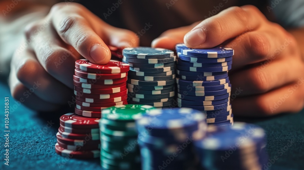 Close-up of a player's hands counting poker chips, capturing the financial aspect and strategic decisions in gambling. Close-up of a player's hands counting poker chips, capturing the financial aspect and strategic decisions in gambling.