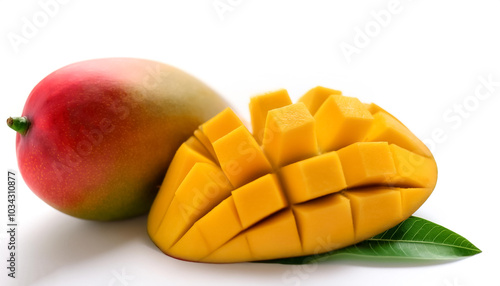 mangoes whole and sliced pattern with side position provides copy space for text. background concept isolated white