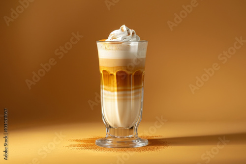Latte coffee on solid yellow background.