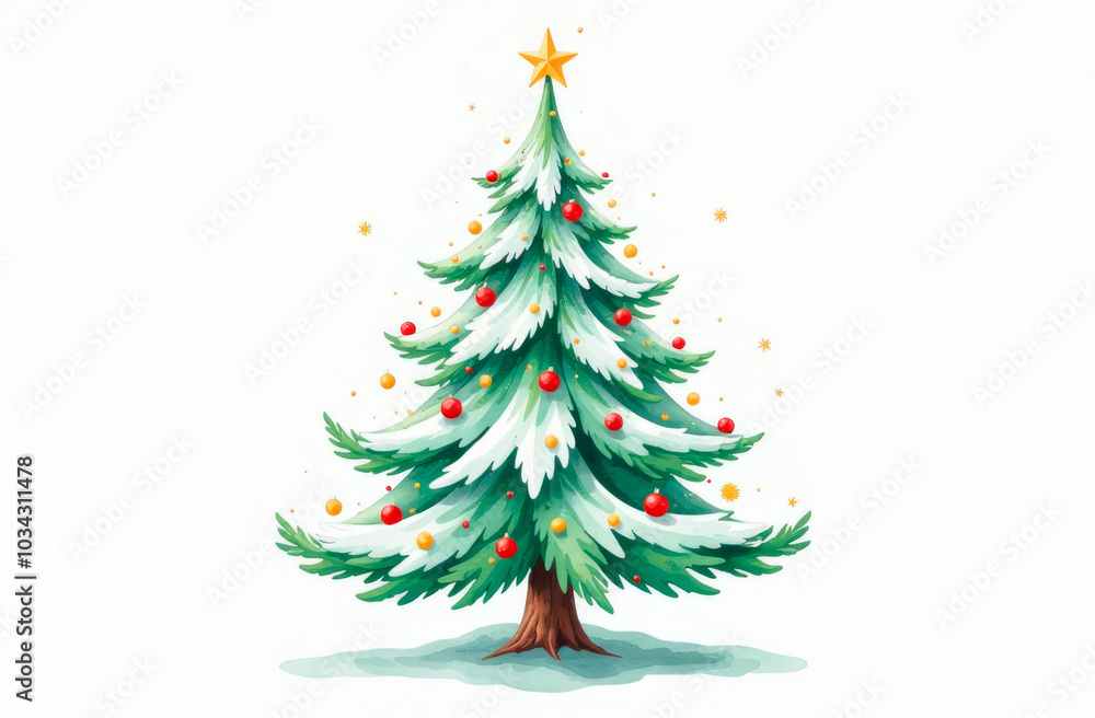 A decorated Christmas tree with a star on top on a winter background. Illustration. Space for text A decorated Christmas tree with a star on top on a winter background. Illustration. Space for text