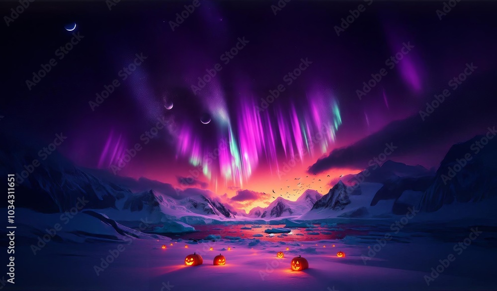 The aurora borealis, which is orange and purple for Halloween, and the Halloween environment and trinity on the snow in the city in Antarctica, . The aurora borealis, which is orange and purple for Halloween, and the Halloween environment and trinity on the snow in the city in Antarctica, .