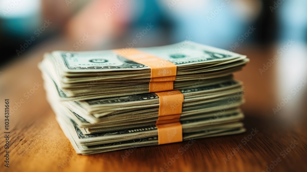 Stack of US Dollar Bills Secured with Orange Bands Stack of US Dollar Bills Secured with Orange Bands