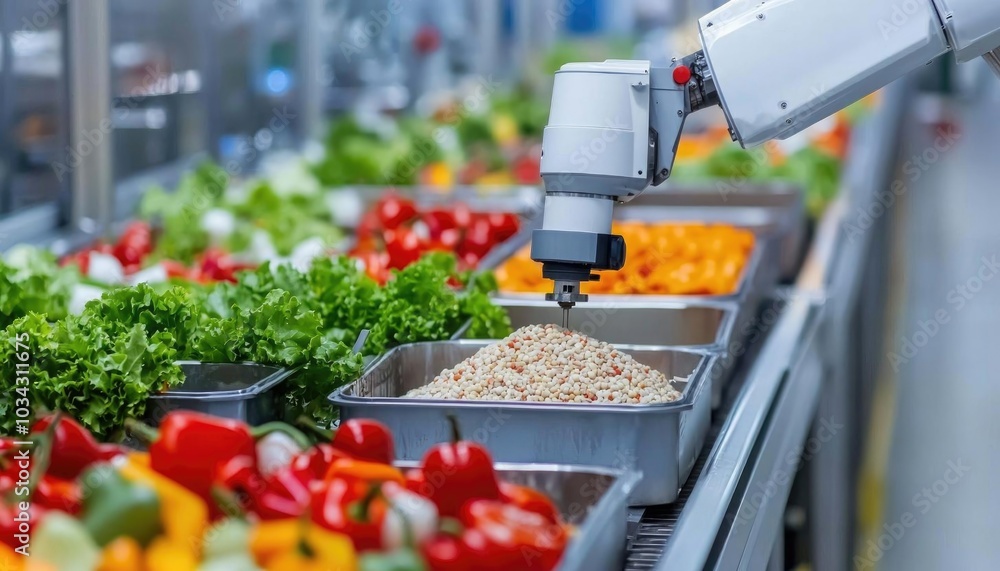 A robotic arm sorts fresh vegetables and grains in a modern food processing facility, showcasing automation in agriculture and efficiency in food handling. A robotic arm sorts fresh vegetables and grains in a modern food processing facility, showcasing automation in agriculture and efficiency in food handling.
