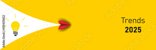 red paper airplane flying from burning light bulb trends 2025.new business,success idea concepts