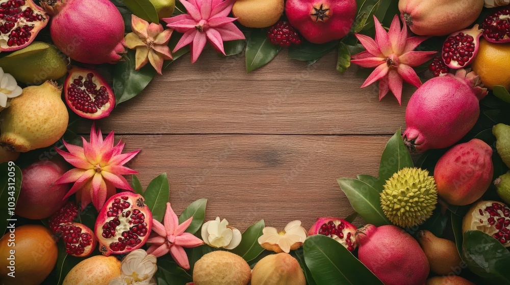 A flat lay of an assortment of exotic fruits (dragon fruit, lychee, star fruit, and pomegranates) artistically arranged in a frame on a wooden table A flat lay of an assortment of exotic fruits (dragon fruit, lychee, star fruit, and pomegranates) artistically arranged in a frame on a wooden table