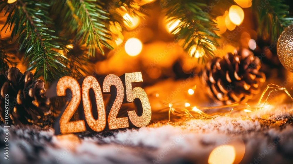 Sparkling New Year 2025 decoration under tree Sparkling New Year 2025 decoration under tree