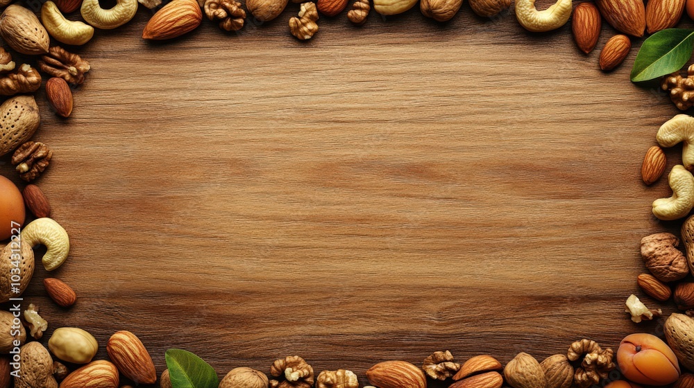 A flat lay featuring a variety of nuts and dried fruits (almonds, walnuts, cashews, and dried apricots) creating an earthy border around a wooden background. A flat lay featuring a variety of nuts and dried fruits (almonds, walnuts, cashews, and dried apricots) creating an earthy border around a wooden background.