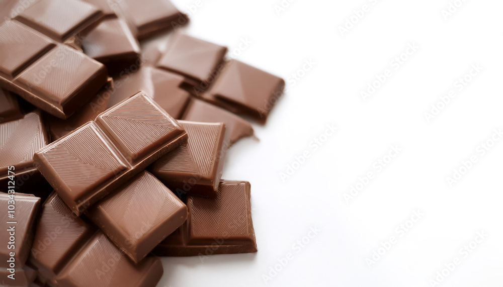Milk chocolate pieces pattern with side position provides copy space for text. background concept isolated white