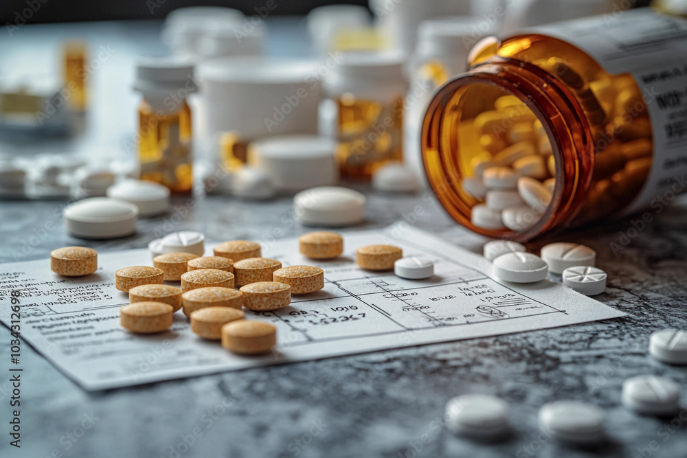 Prescription medications scattered on a table with empty bottles Prescription medications scattered on a table with empty bottles