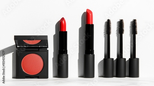 Red Lipstick, Blush and Mascara on White Background.