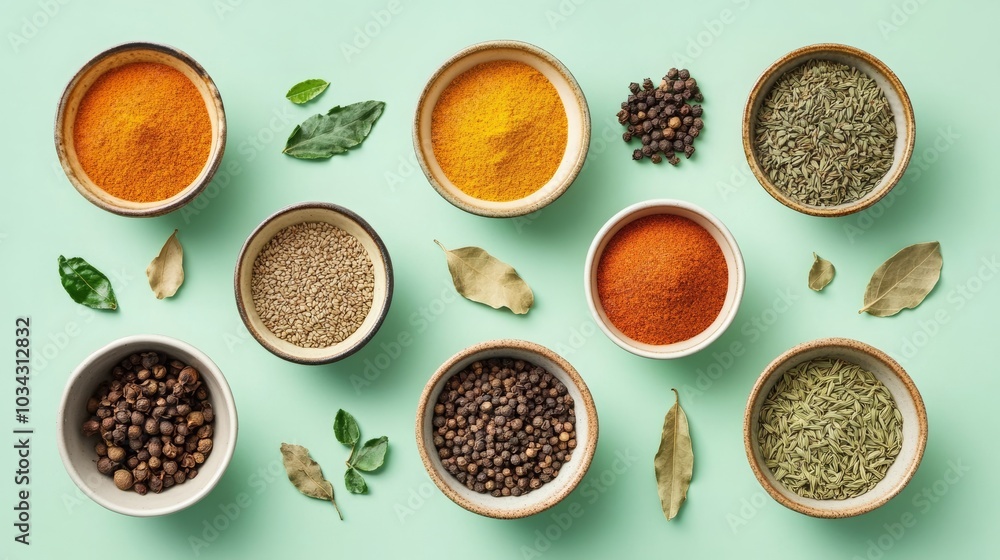 A variety of common Indian spices in bowls against a green backdrop A variety of common Indian spices in bowls against a green backdrop
