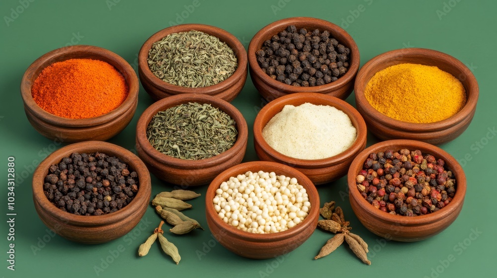 A variety of common Indian spices in bowls against a green backdrop A variety of common Indian spices in bowls against a green backdrop