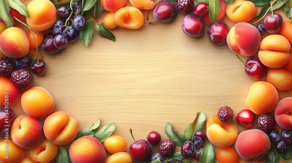 A selection of stone fruits (peaches, plums, cherries, and apricots) artistically laid out on the edges of a wooden backdrop A selection of stone fruits (peaches, plums, cherries, and apricots) artistically laid out on the edges of a wooden backdrop