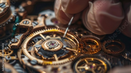 A watchmaker meticulously oiling and cleaning the intricate gears and components of a vintage luxury watch taking great care to preserve its timeless beauty. photo