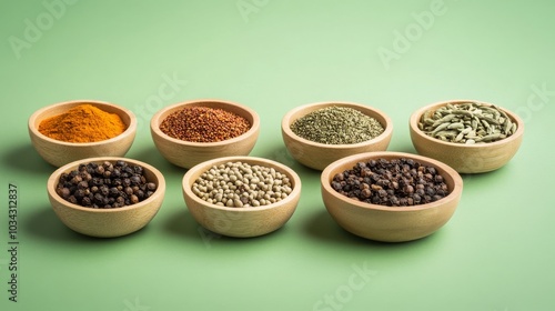 A variety of common Indian spices in bowls against a green backdrop