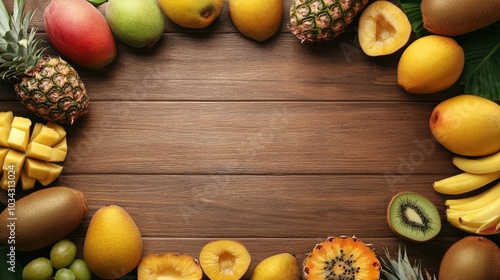 A flat lay of tropical fruits, including pineapples, mangoes, kiwis, and passion fruits, arranged in a circular border on a rustic wooden background photo