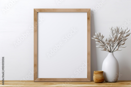 Mockup of an empty wooden frame on a shelf, against a light wall