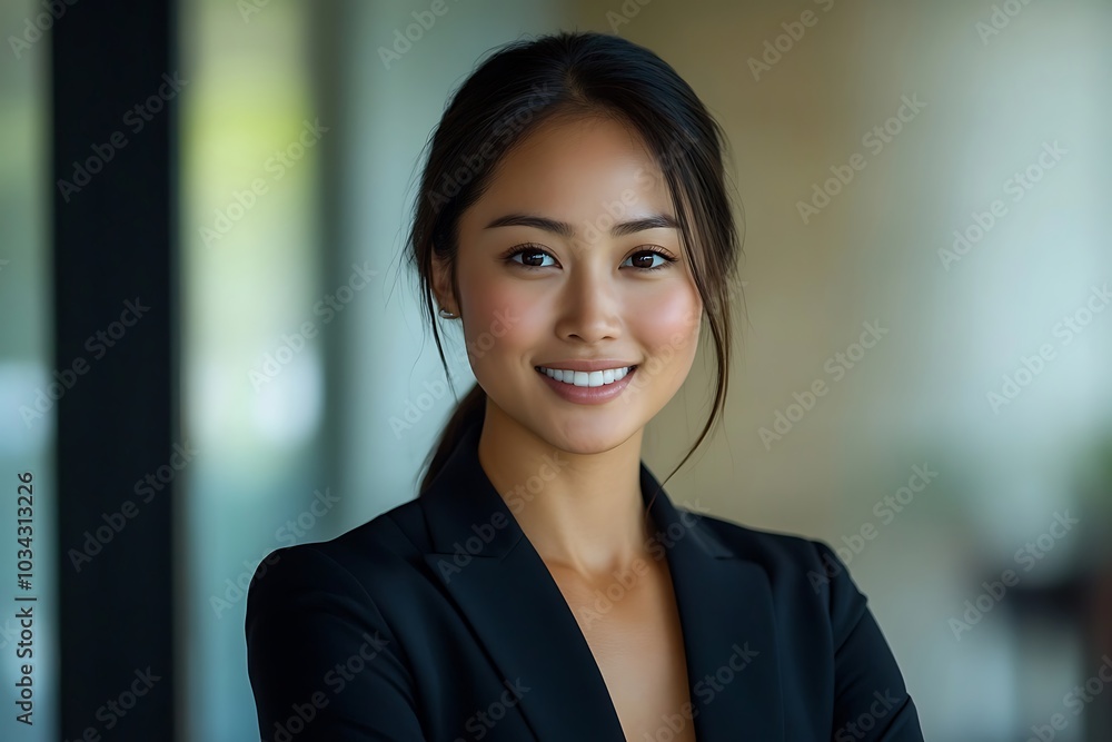 Professional Woman Smiling in Office Window Reflection Professional Woman Smiling in Office Window Reflection