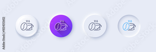 Coffee cup with beans line icon. Neumorphic, Purple gradient, 3d pin buttons. Hot cappuccino sign. Tea drink mug symbol. Line icons. Neumorphic buttons with outline signs. Vector